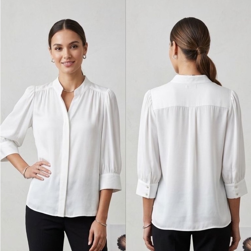 CeCe White Split-Neck 3/4 Sleeve Blouse size M